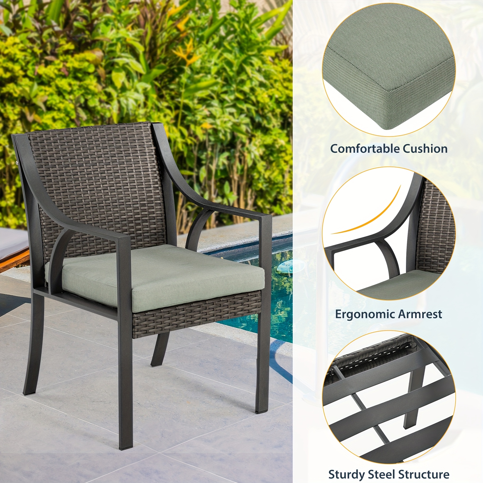 Patio 7pcs Patio Dining Set, All Weather PE Rattan Dining Table Set, Outdoor Dining Sets for 6, Metal Dining Table with Umbrella Hole & 6 Cushioned Chairs for Patio, Yard, Porch