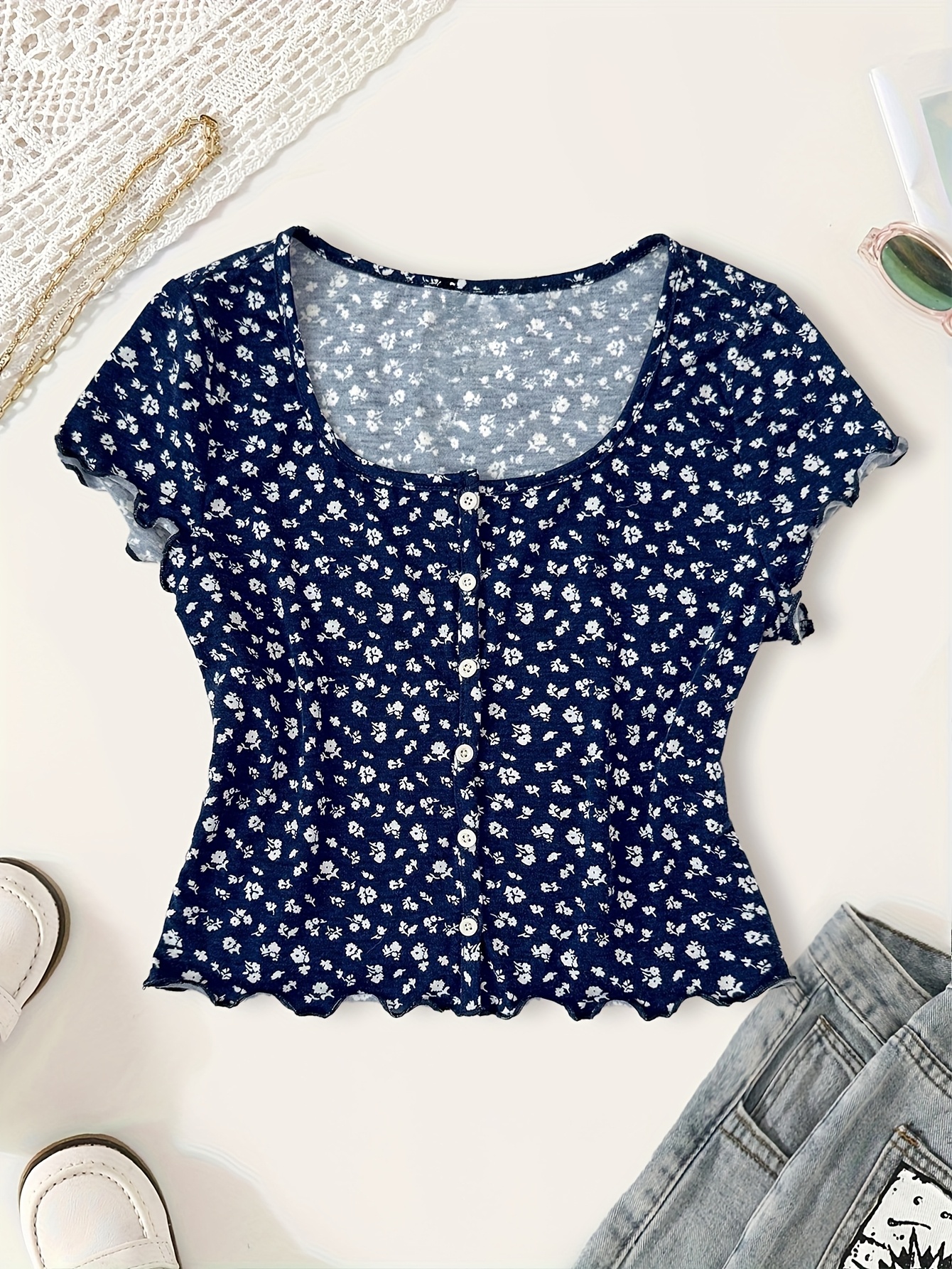 Girls' Floral Print Square Neck Top – Vintage Summer Lace Blouse