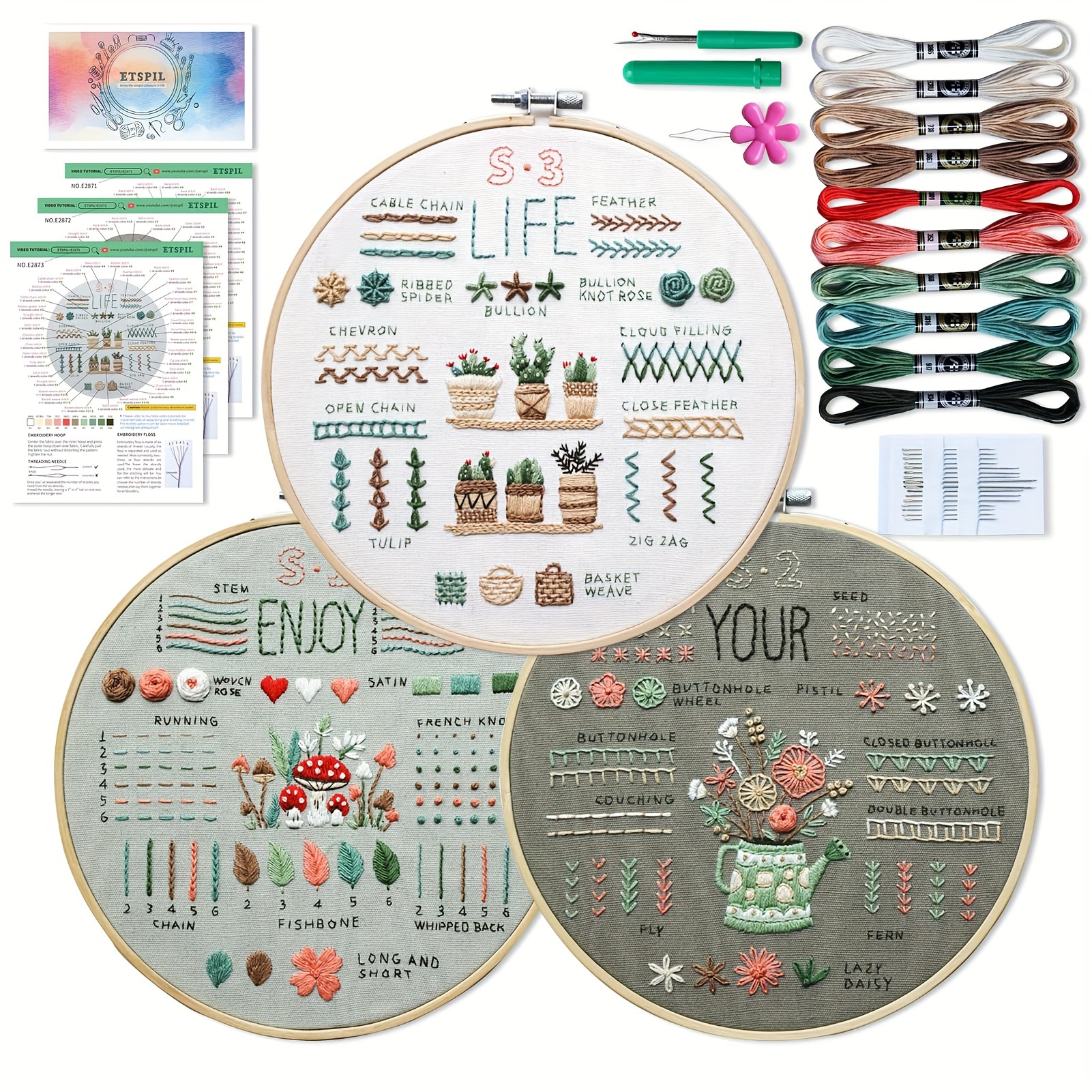 

3 Sets Embroidery Kit For Beginners Adults, Includes Stamped Flower Pattern, Hoop, Color Threads, Tools