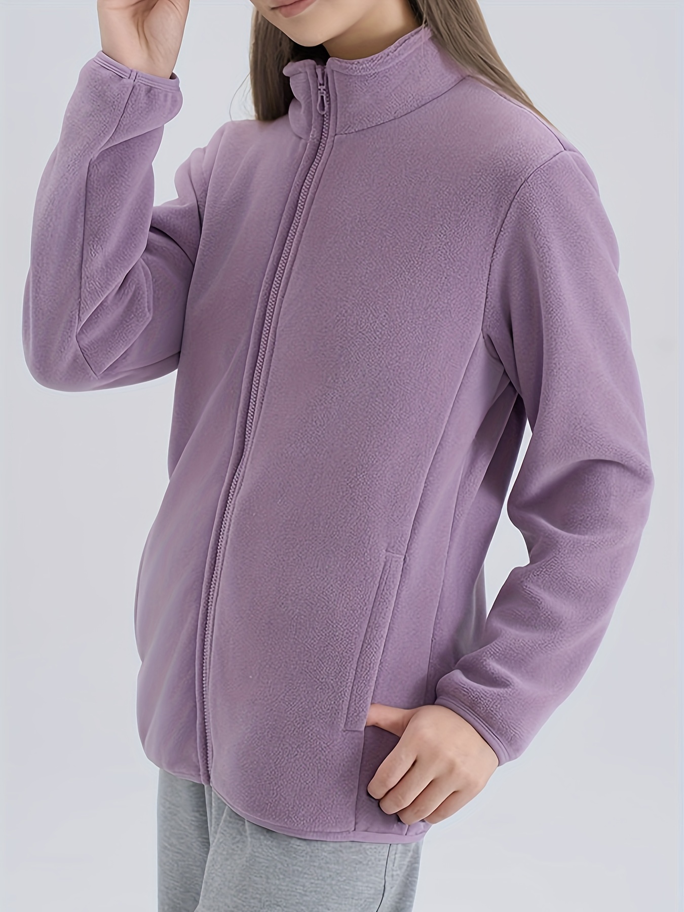 Damen Polyester Fleecejacke 100% Polyester, sportlich, Stehkragen, nicht dehnbar, lange Ärmel, lange Länge, Herbst/Winter, Blockdetail, lässige Wochenend-Reißverschlussjacke, gestrickter Stoff - Außenthermische Isolationsjacke 3