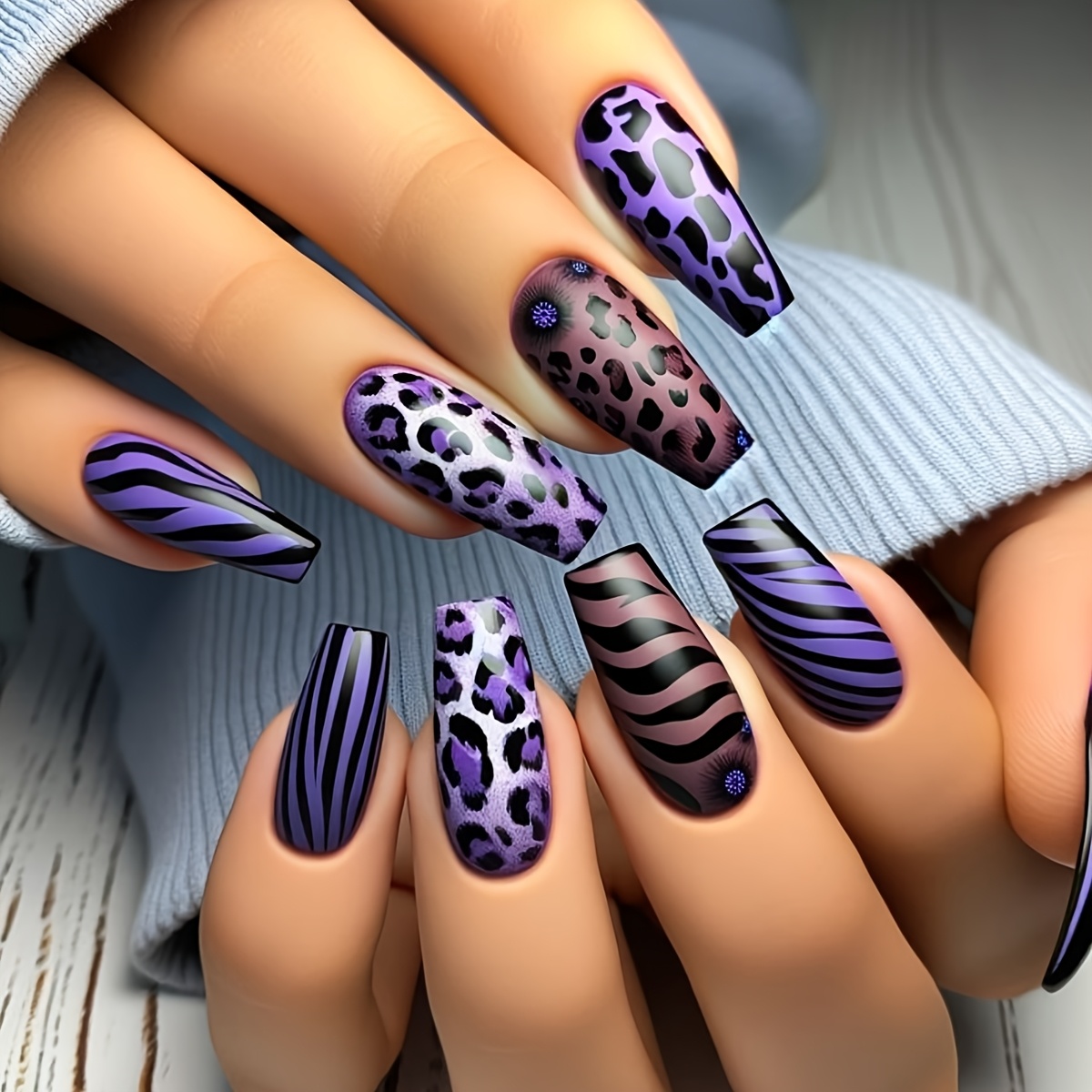 TEMU 24pcs Medium Length Purple Gradient Zebra Print Leopard Design Glossy Full Cover Press-on Nails Suitable For Women' Party Nail Decoration
