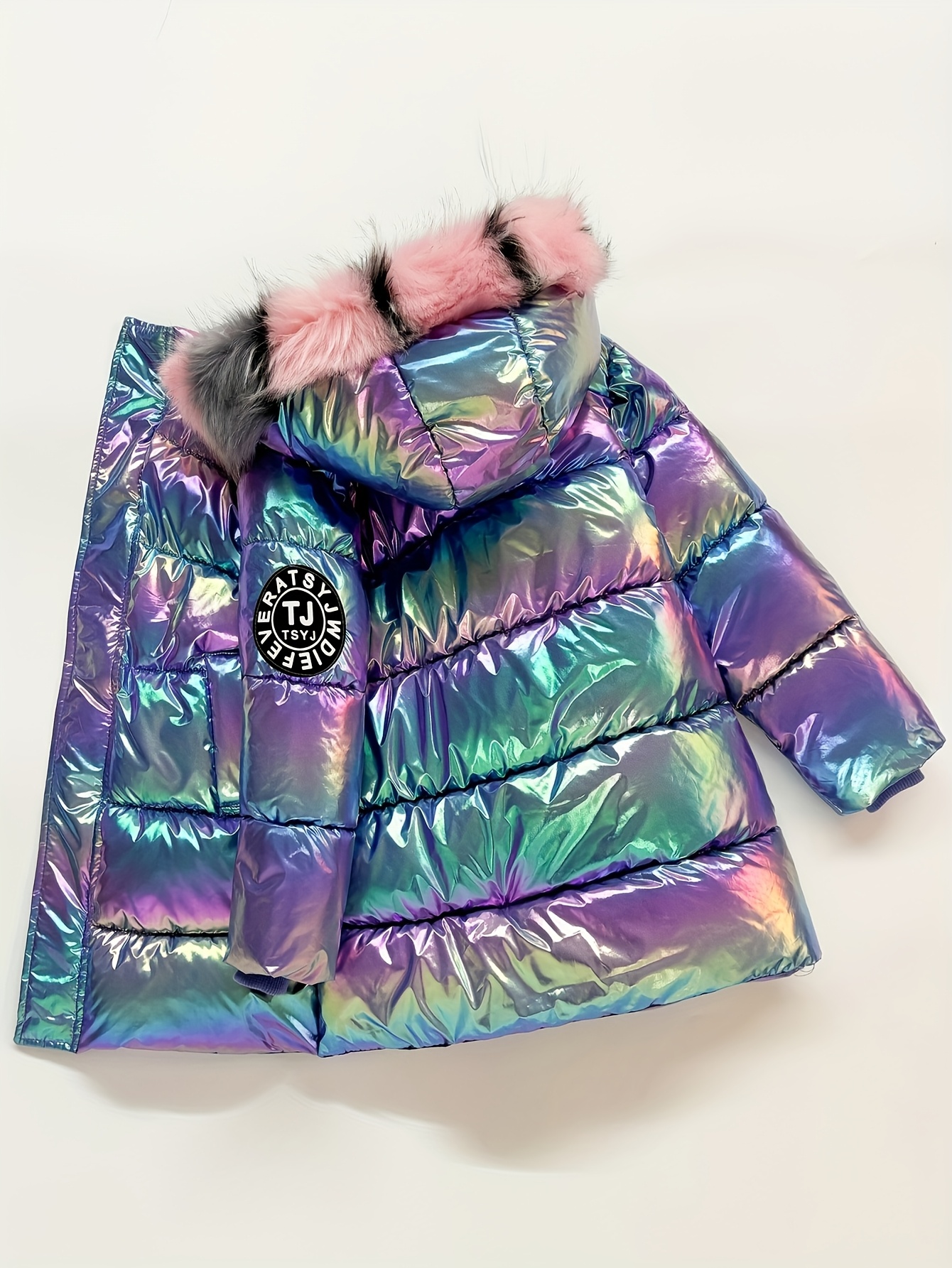 Meisjes Winterjas 2025 Nieuw Ontwerp - Dikke Capuchonjas met Kleurblok Paars & Roze Pluche Rand, Middellange Uitlopende Zoom, Rits aan de Voorkant & Zakken