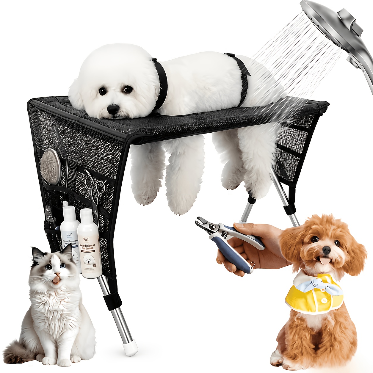 TEMU Pet Grooming Hammock Table For Small Dogs Cats, Foldable Stainless Steel Stand With Storage Pockets For Nail Trimming And Bathing, Up To 30lbs,