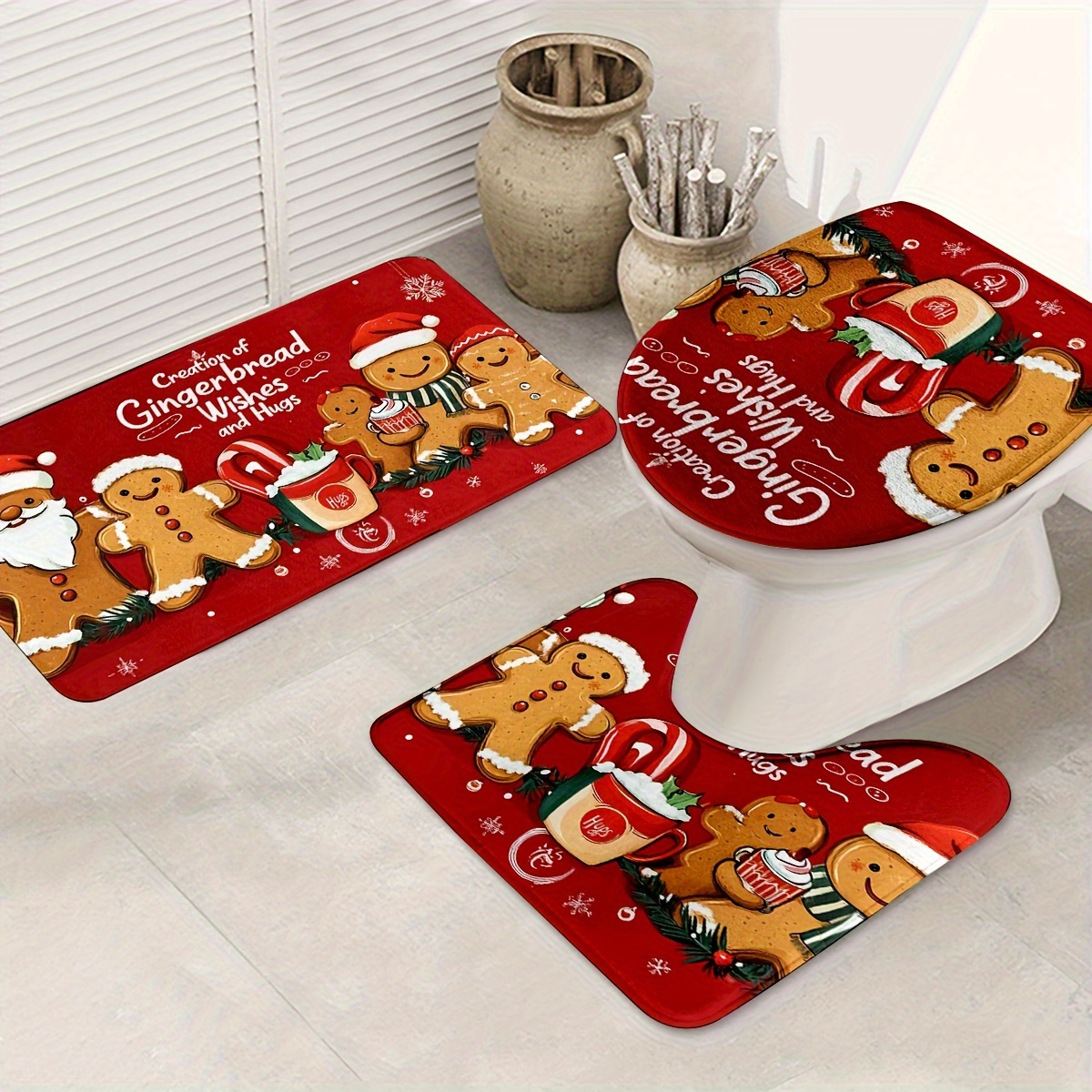 TEMU Weihnachts-Gingerbread-Badematten-Set aus 3 Teilen - Maschinenwaschbar, Strickweberei, Polyester, Weihnachtsferiendekoration
