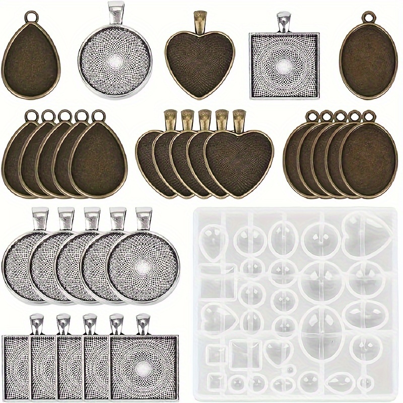 

Diy Resin Pendant Tray Making Kit With 30 Pieces Of 5 Styles Of Metal Pendants Tray And 1 Piece Of Epoxy Resin Pendant Casting Silicone Mold For Pendant Making