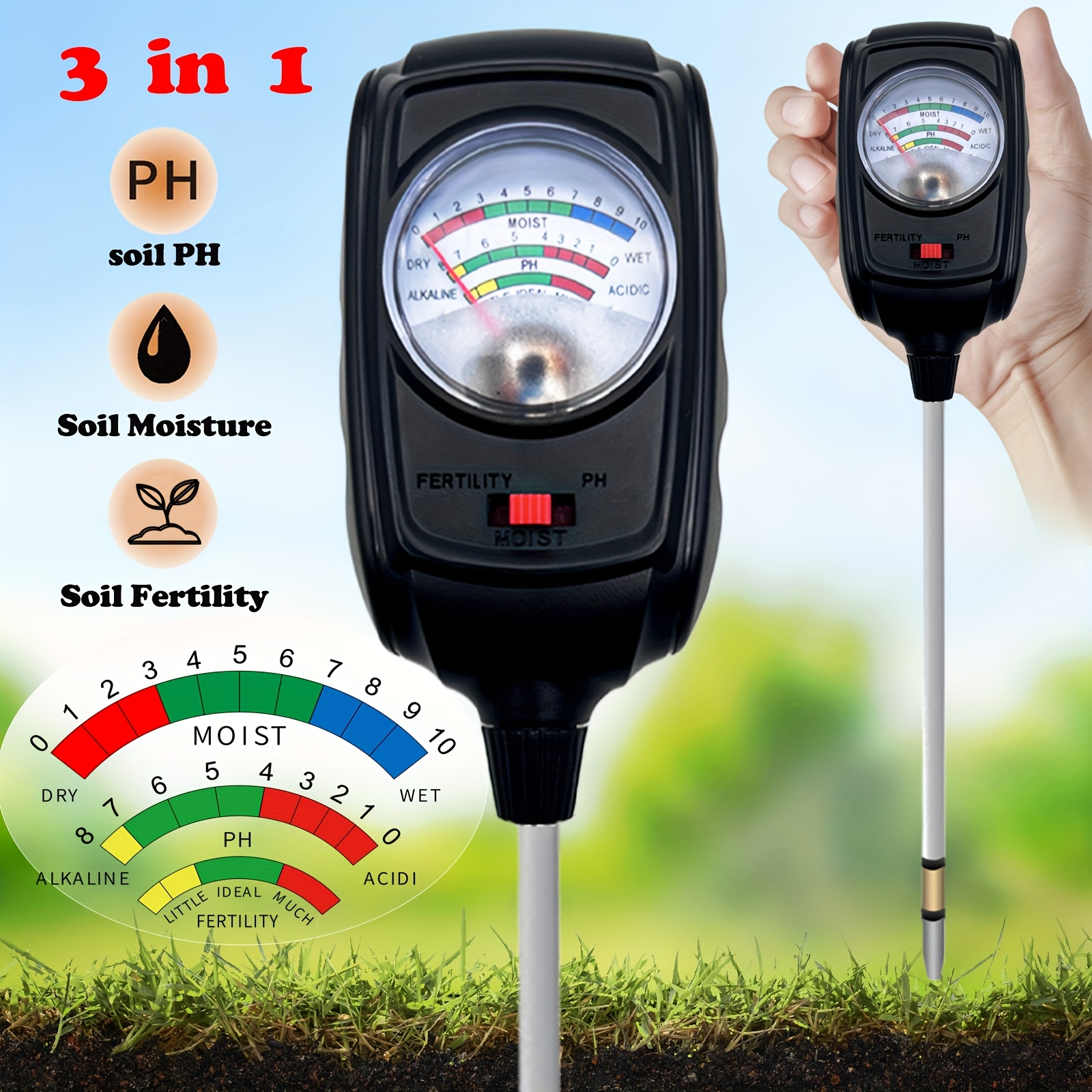 

3in 1 Soil Tester, Soil Moisture/ / Ph Tester For Garden Nutrients, Lawn, Gardening, Farming, Indoor And Outdoor Plants, Soil Ph Meter, Soil Tester Kit, No Battery Required