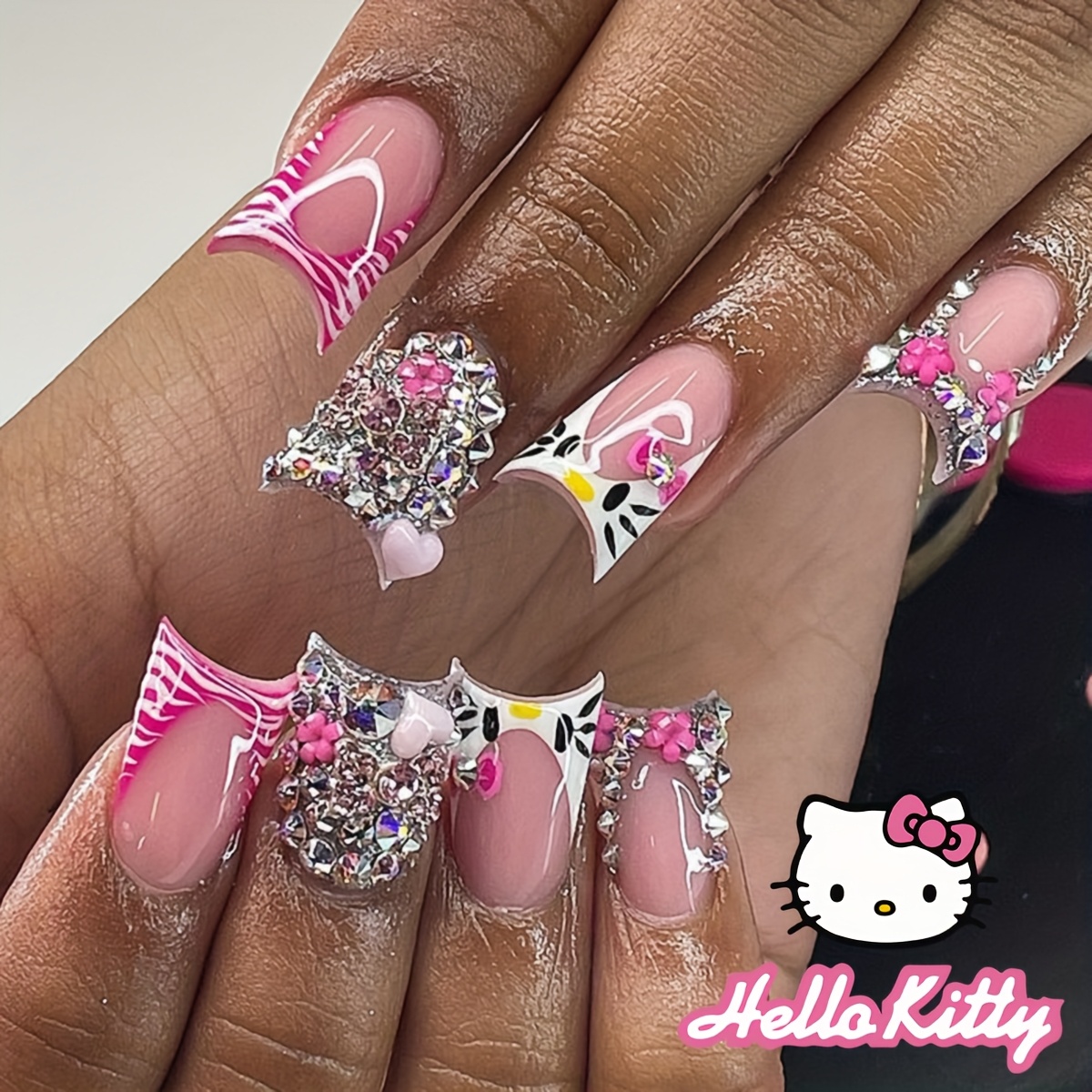 

Kitty Press-on Nails Set, Long Mixed Color Tone, 3d French Glitter & Hearts, Pink , With Jelly Glue & Nail File, For Daily & Party Wear