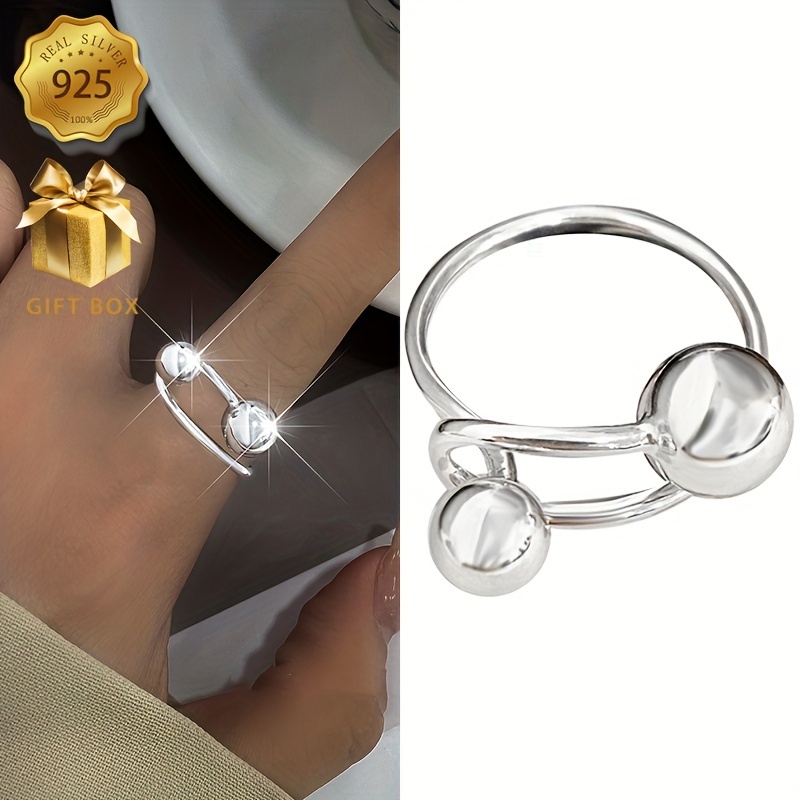 

925 Sterling Silver Geometric Ball Adjustable Open Cuff Ring For Women - Hypoallergenic, Simple Elegant Style, Ideal For And Gift-