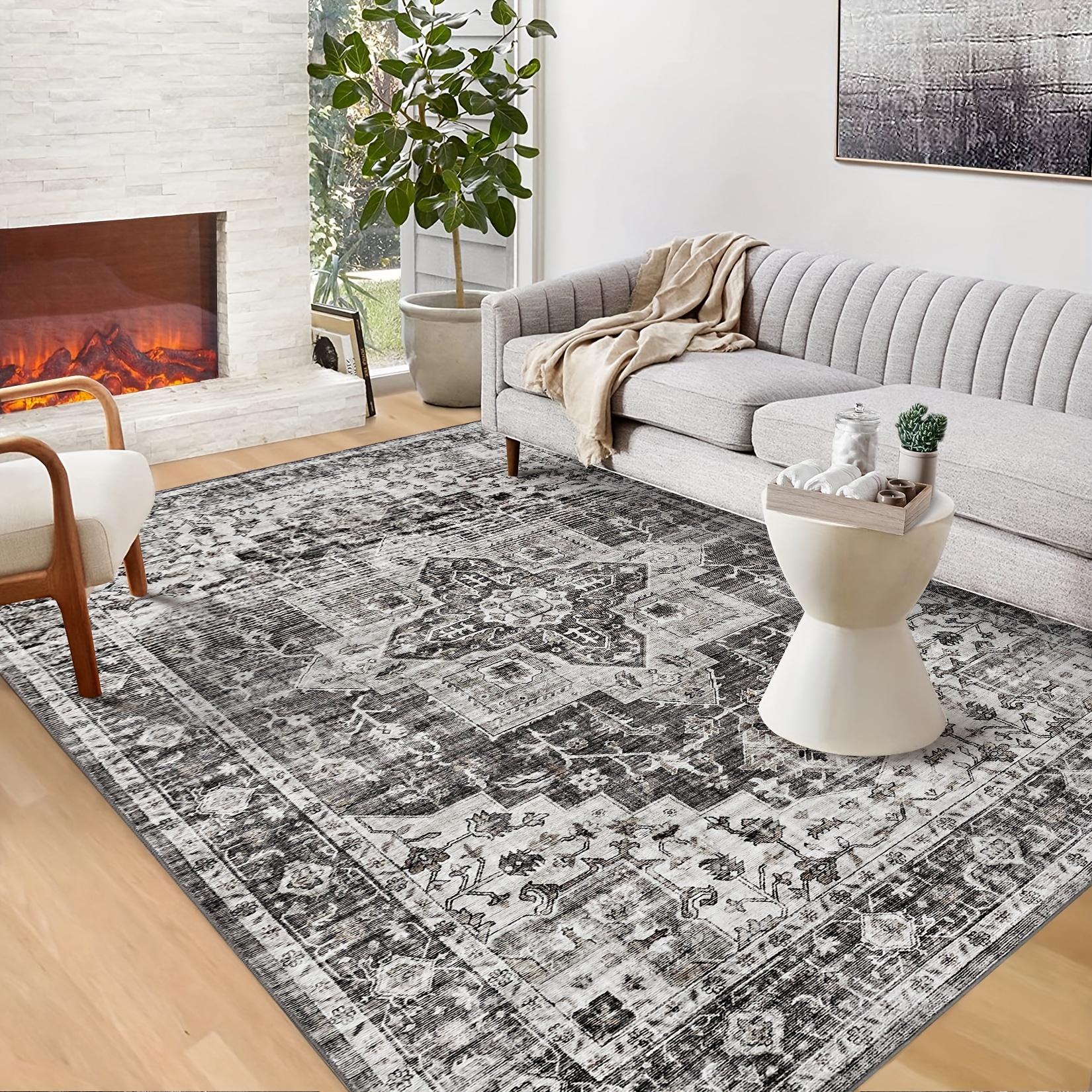 

1pc Machine Washable Rug Vintage Design Area Rugs With Non Slip Large Rugs For Living Room Bedroom Floral Print Rug Carpet Stain Resistant, Grey