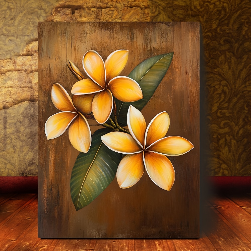 TEMU 1pc Vibrant Plumeria Flower Canvas Wall Art, 11.8x15.7 Inch - Ready To Hang, Wooden Frame With Golden & Green Leaves, Bedroom & Living Room