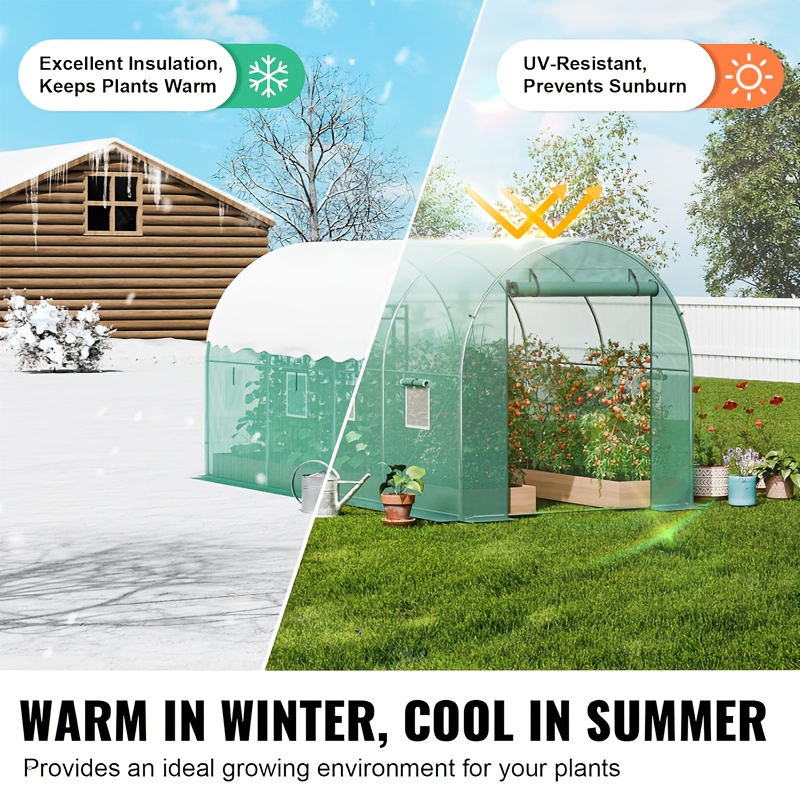 304.8X213.36X213.36cm Walk-In Greenhouse Tunnel - Large Pass-Through Garden Greenhouse | Green Cover Outdoor Heavy-Duty Greenhouse Frame | Roll-Up Zipper Door + Ventilation Windows Sloped Structure | Garden Plant Hothouse Commercial Greenhouse Outdoor Planting H