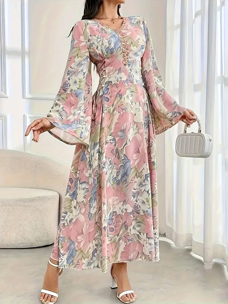 chic v neck long sleeve floral print dress Product details 0