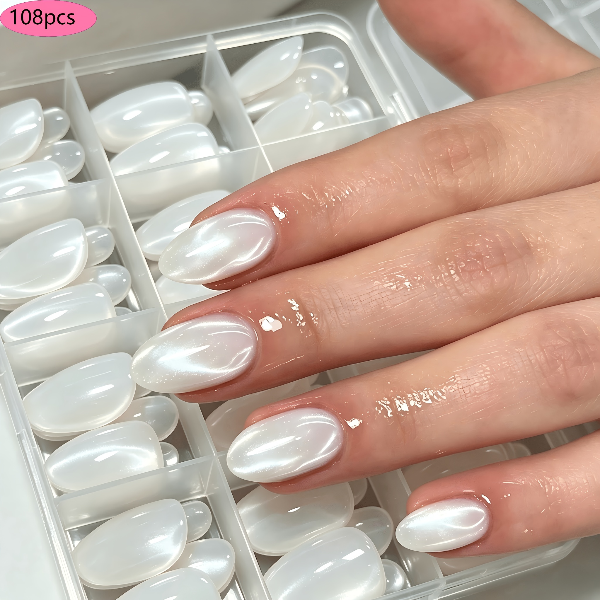 TEMU 108pcs Ongles Press-On Ovales Effet Œil de Chat Blanc Brillant, Faux Ongles Blanc Crémeux à Couverture Complète, Dos Adhésif Réutilisable,