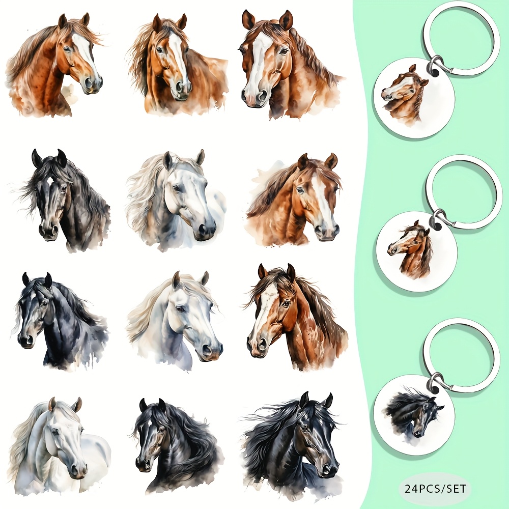 TEMU 24-teiliges Set UV-DTF-Schlüsselanhänger-DIY-Transferpapier mit Aquarell-Pferdeporträt-Motiv – Wasserfestes Muster, Laptop-Dekoration,