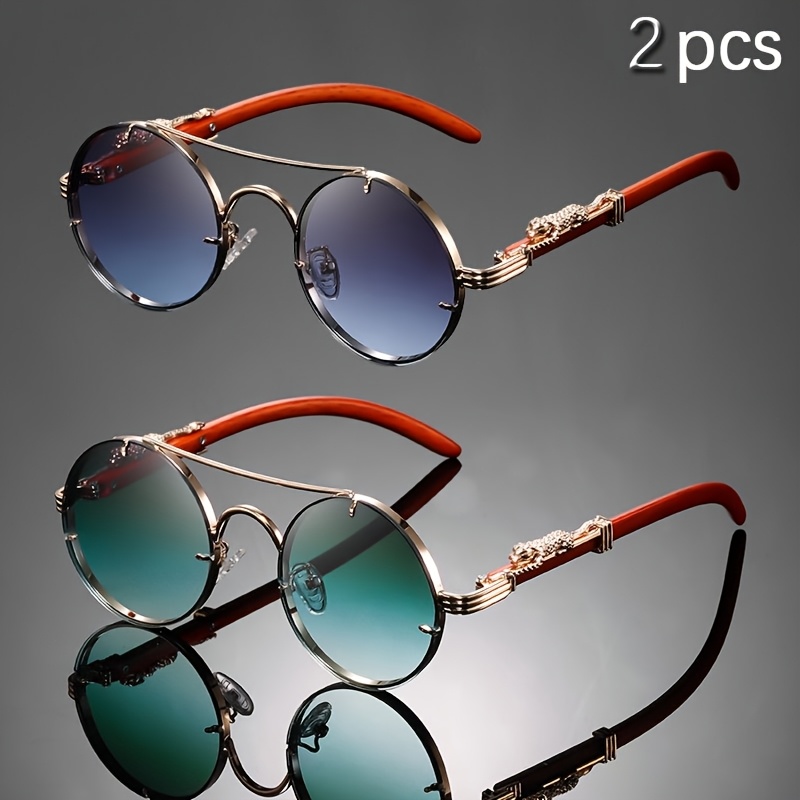 

2pcs Men' Leopard Metal Round Frame Glasses Green Gradient Pc Lenses Suitable For Mountaineering, Fishing, Running