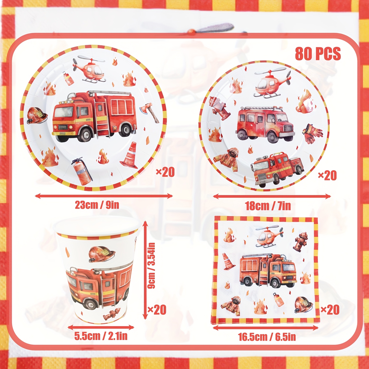 Image of 80pcs Party Supply Kit Featuring A Truck Theme For 20 Guests, Including Disposable Tableware For A Firefighter Hero Rescue Celebration, Perfect For Birthday Decorations With I Perfect For Halloween