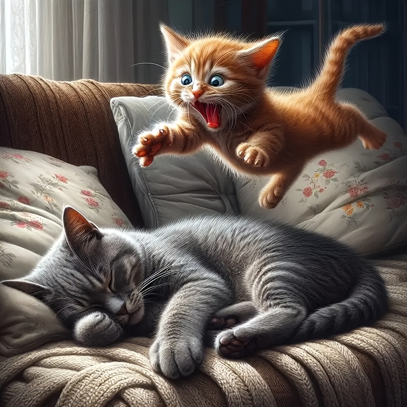 TEMU 1 Diy 5d Diamond Painting Kit - Kittens Scene Round Acrylic Diamonds 7.87x7.87" Art Set For Living Room & Bedroom Decor Perfect Gift For Cat Lovers