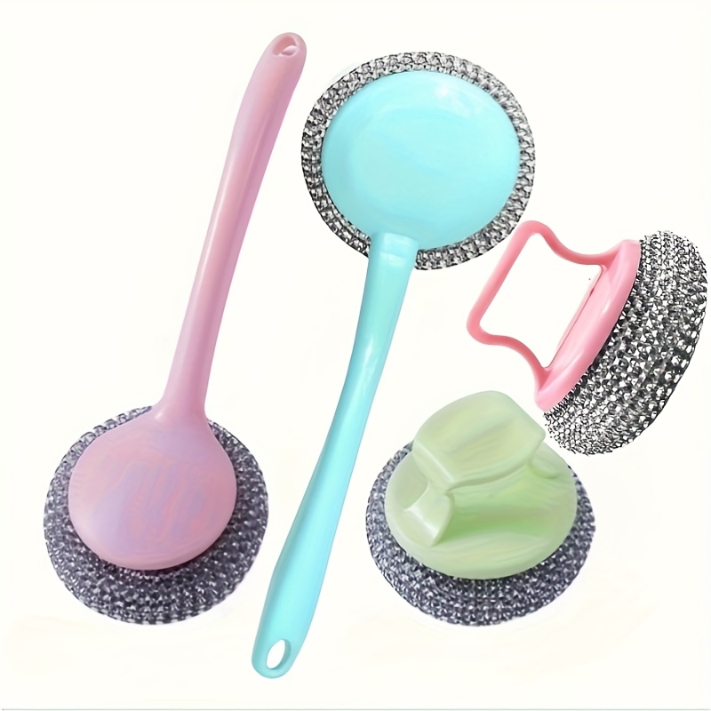 a 6pcs stainless steel brush set featuring 4 brush heads along with one long handle   short handle suitable for cleaning kitchens bathrooms and toilets it   heavy duty steel wool scrubbing pads and a manual utensil cleaner that doesnt   electricity complete with replaceable sponges details 1