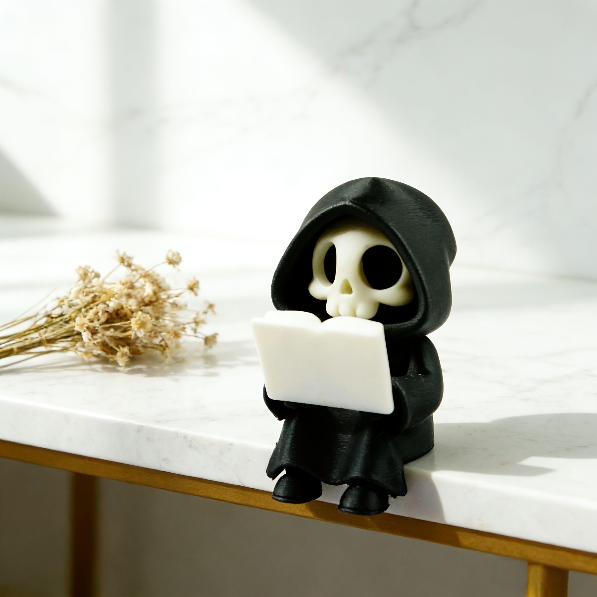 Image of Collectible Figurines Cute Reading Reaper Shelf Sitter 6.8cm Black White Pla Ornament - Gothic Literary Desk Decor Ideal Unique Halloween Holiday Gift For Book Lovers Home Office Shelf Display