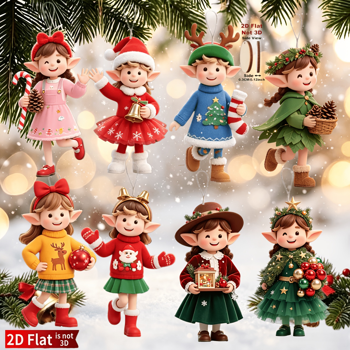 TEMU 2d Flat, 8pcs Pack 8pcs Elf Girl& Santa Hat Decorations- Artificial Christmas Tree Ornaments With Hanging Hooks, Wall-mountable Suitable For