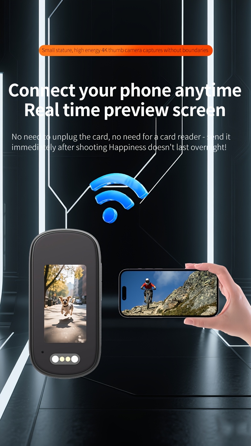 1 4K Thumb Camera | Portable High-Definition WiFi Camera for Cycling, Hiking, Outdoor Activities, and Daily Life Recording, PC Material, Rechargeable Lithium Battery, TF Card Storage
