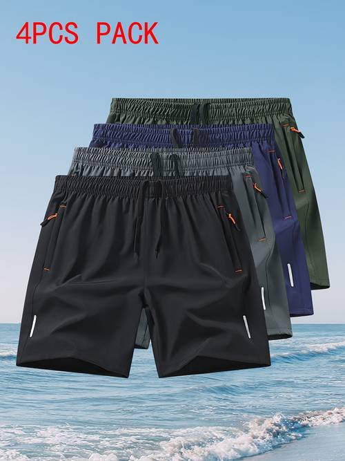 4pcs mens outdoor sports casual shorts solid zipper pocket shorts breathable quick dry athletic pants