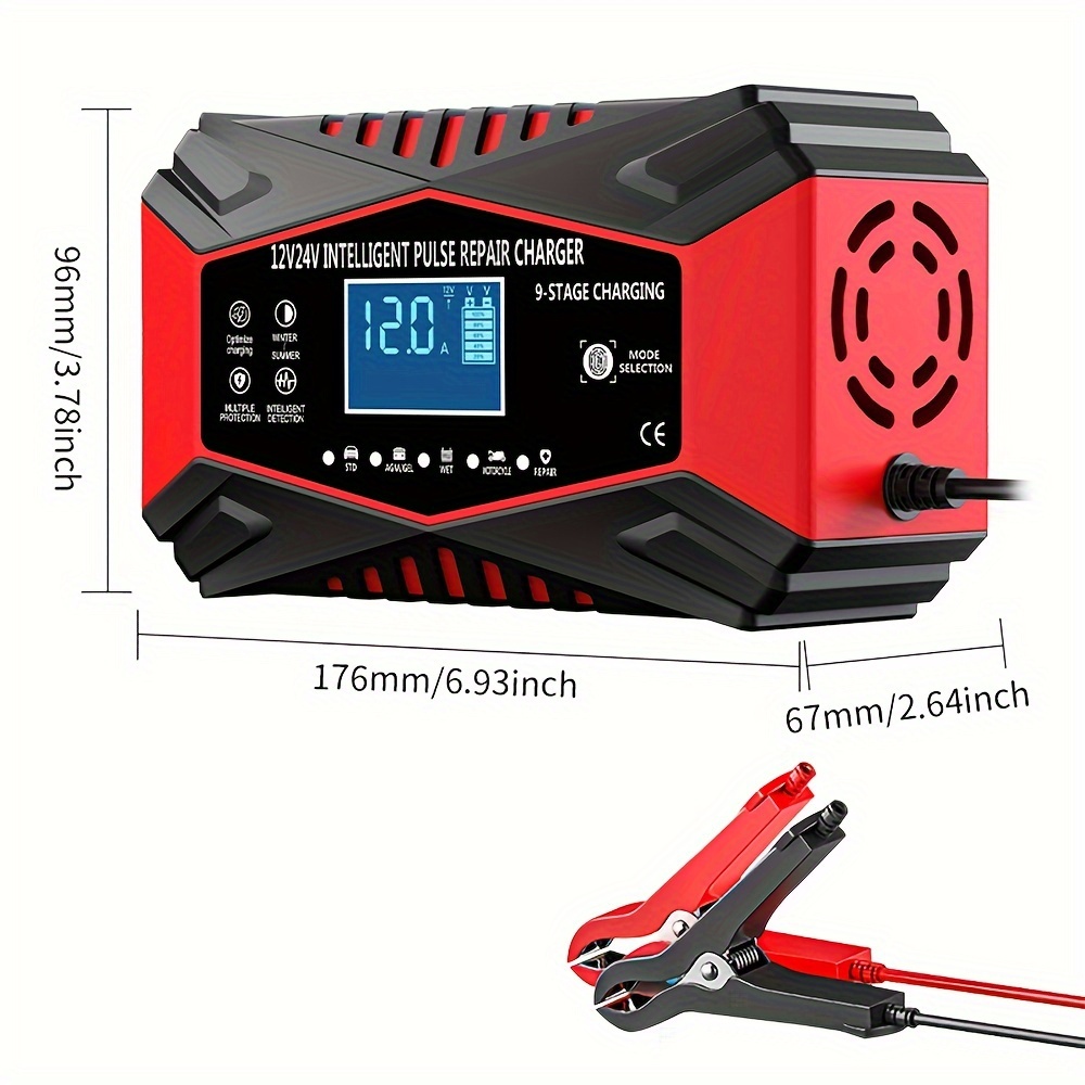 item picture 12v 24  battery charger 12a car portable with   uk plug 110v 220v working voltage   repair and multiple protection functions suitable for cars trucks motorcycles lawn mowers lead acid batteries no battery included