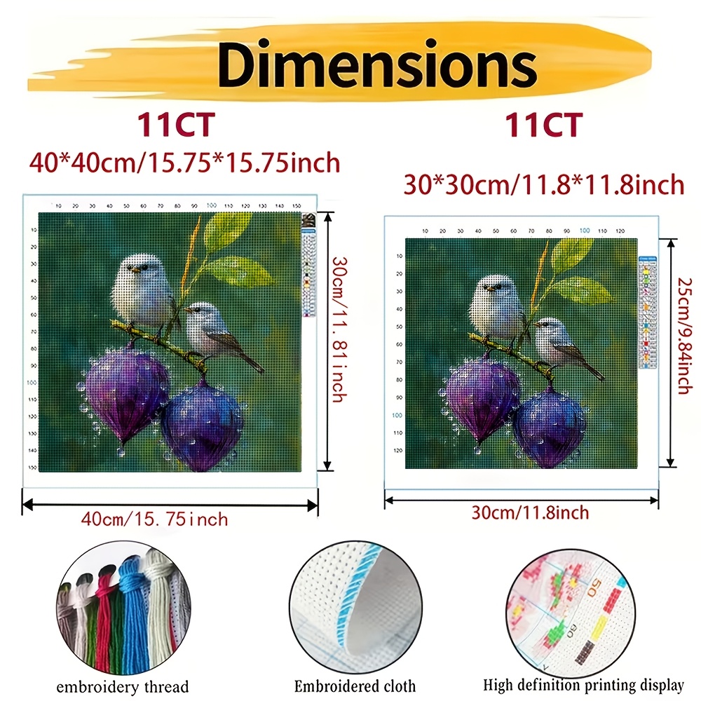 Printed Cross-Stitch DIY Kit, Two Birds Perching on a Purple Fruit Branch