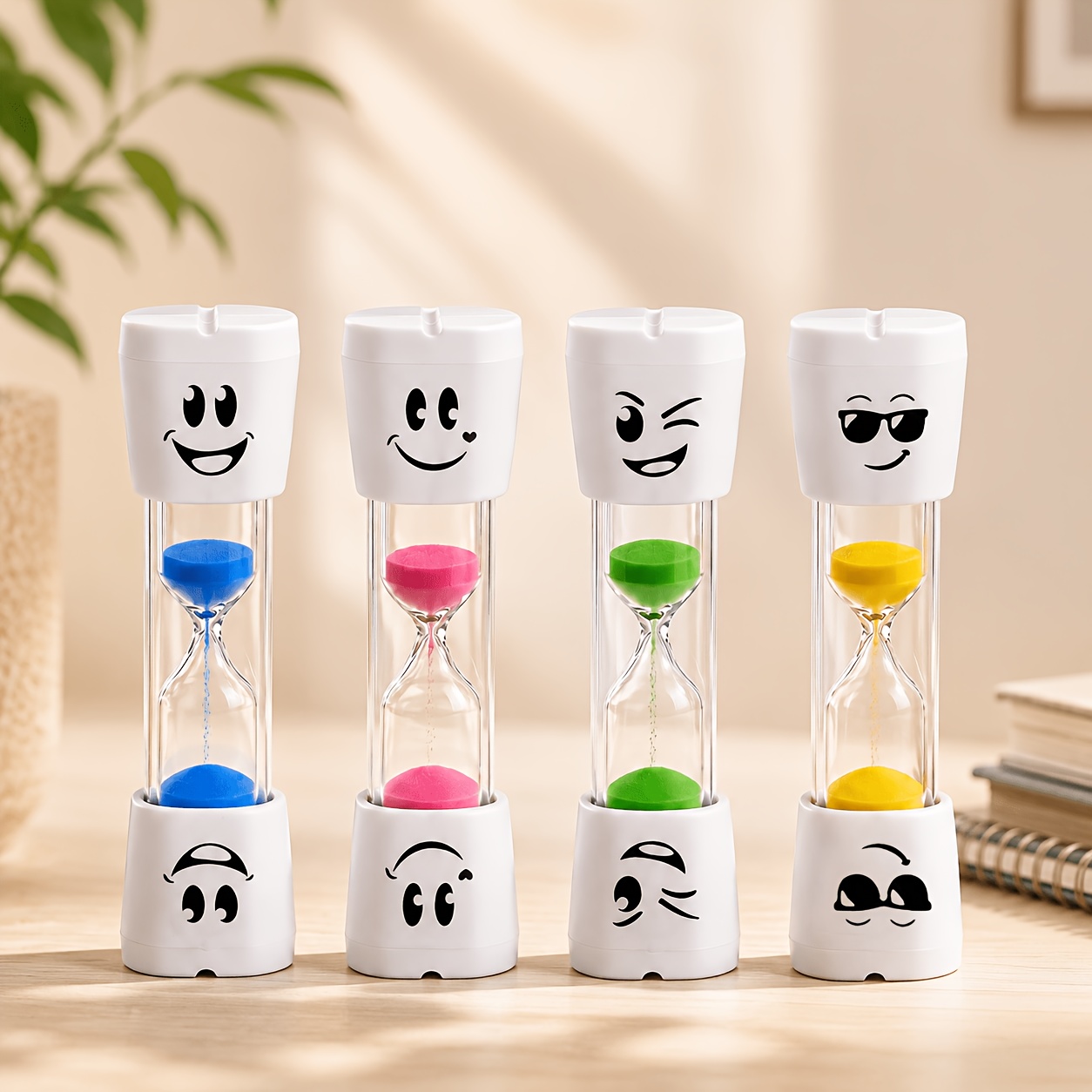 4 Pack 2 Minute Tooth Brushing Sand Timers, Cute Face Hourglass Timers, 4 Assorted Fun Toothbrush Sand Clocks