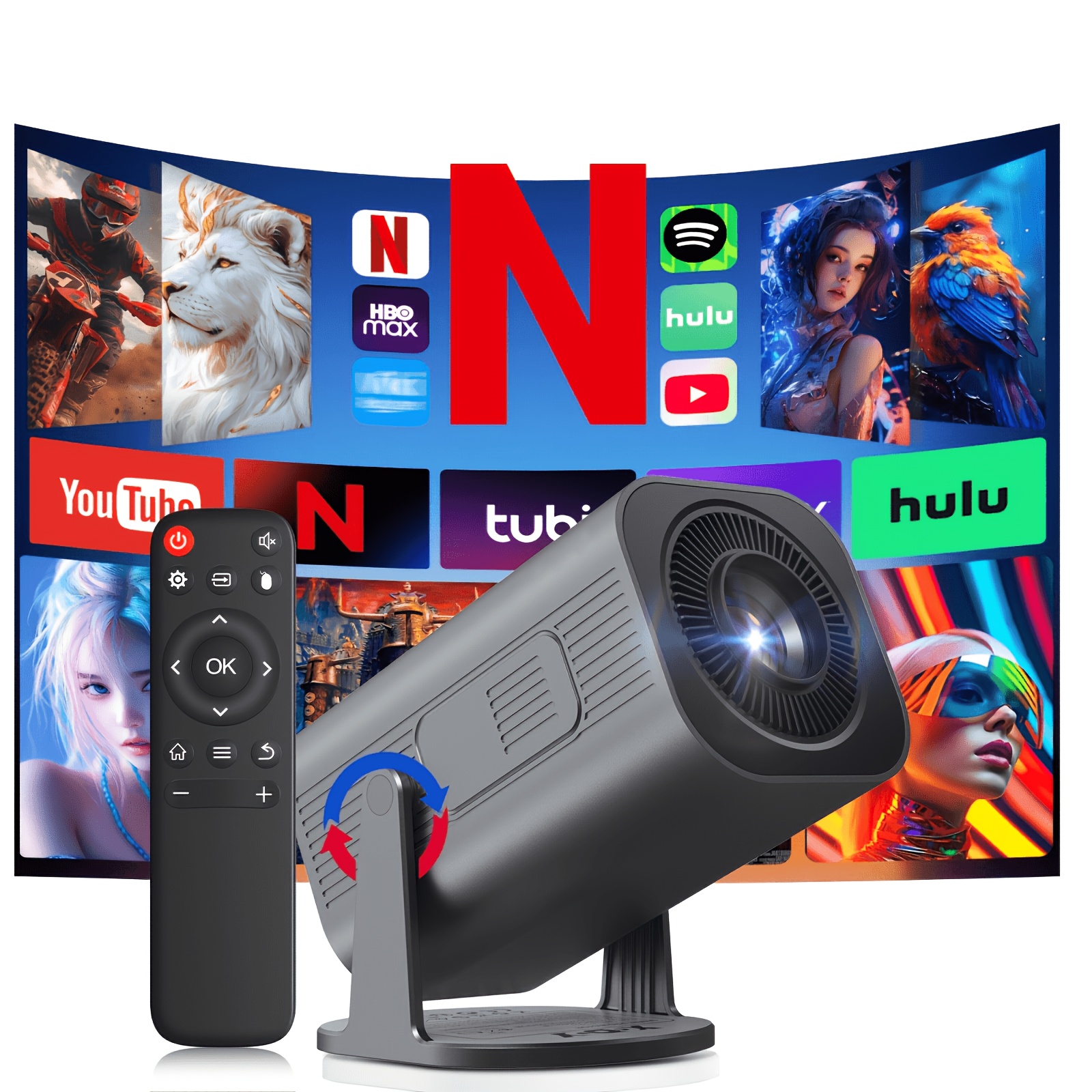 E-shop LUXVYN 2026 Tragbarer Projektor, mit 11, Dual Wifi6, 340ANSI Helligkeit, 1280X720P HD, 4K Unterstützung, Geräuscharm, Flexibler 180°