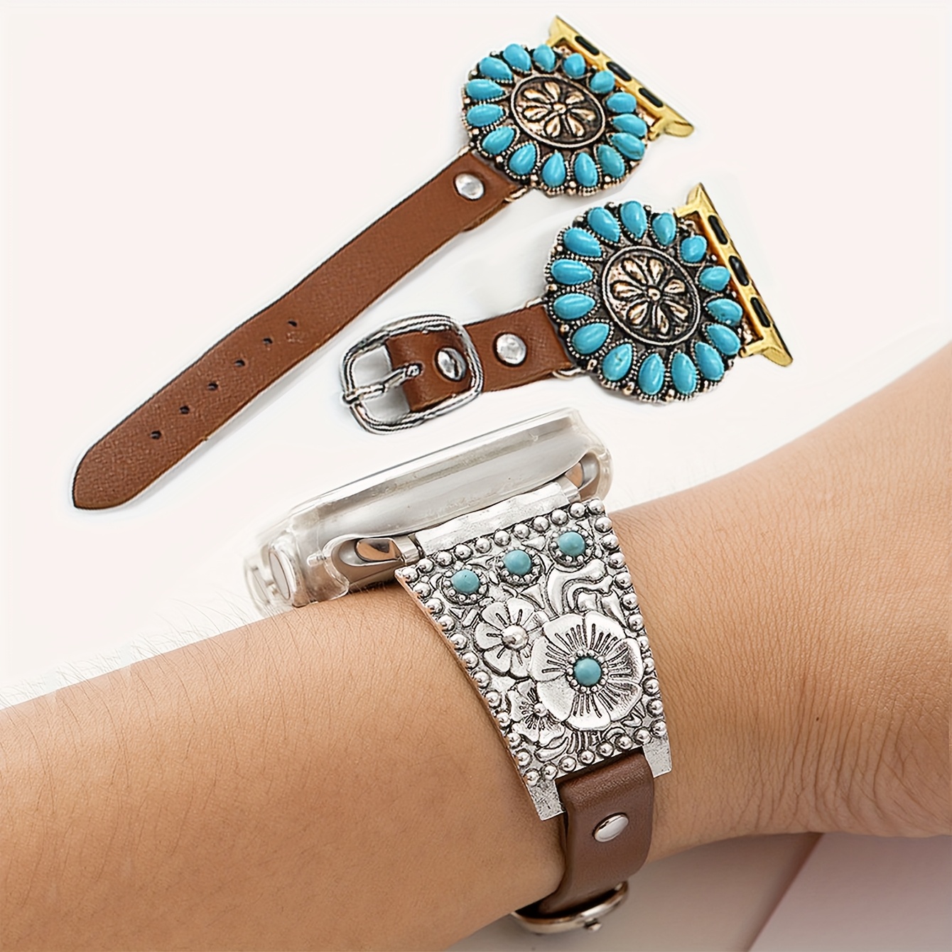 

Vintage Leather Strap For Apple Watch Ultra And 10-1 Gen, Antique Silvery Metal With Turquoise , Adjustable Leather Band - Ideal For Valentine's Day Gift,