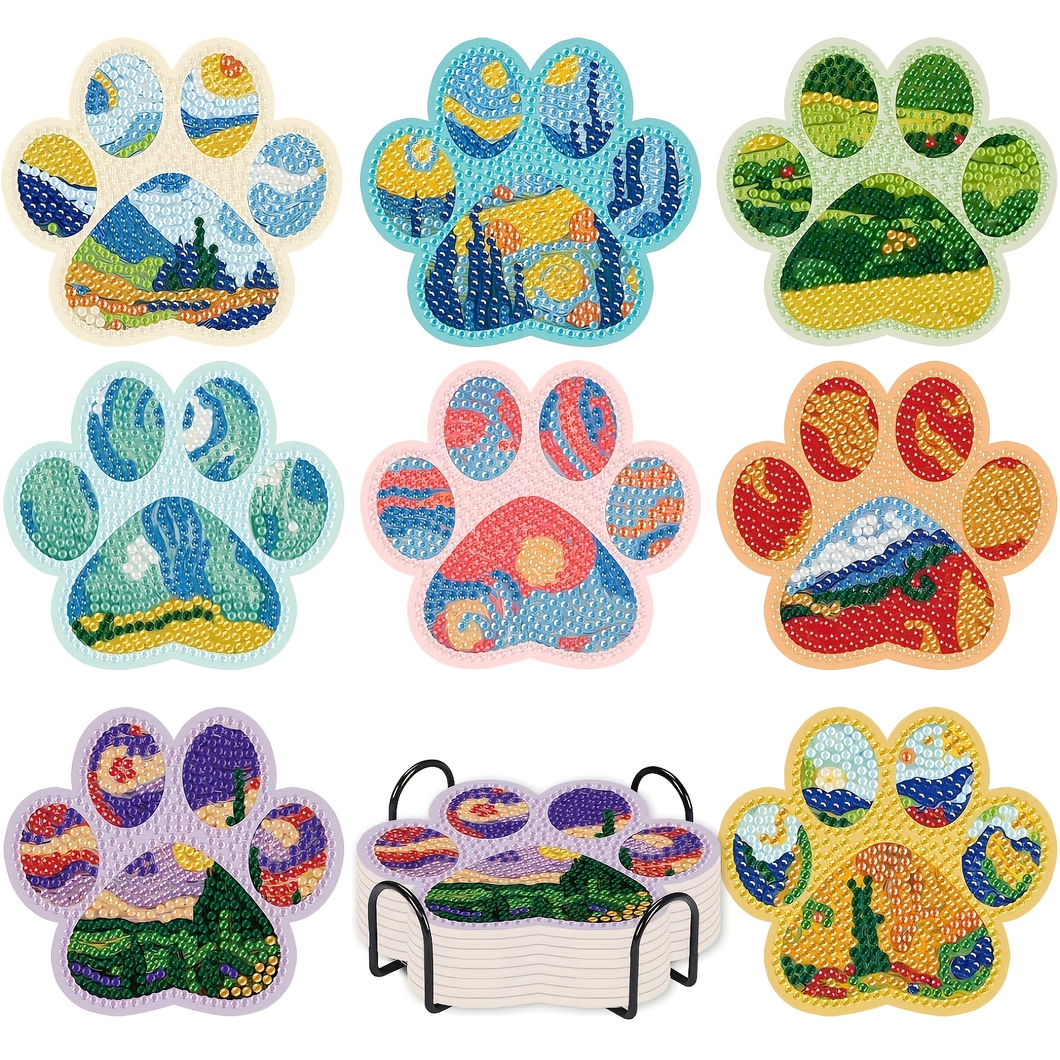 TEMU Ensemble de 8 sous-verres de peinture diamant, Ensemble de sous-verres de peinture diamant avec patte de chien et support, Ensemble d'artisanat