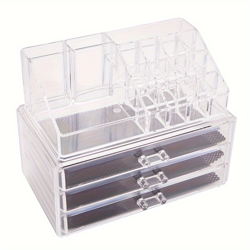 

Home Use Space-saving Rectangular Compartments & 3-layer Drawers Integrated Plastic Makeup Case Tran