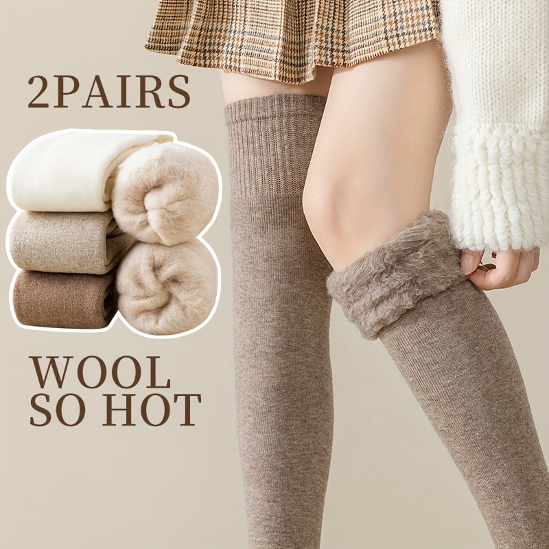 

Solid Thick Plush Lined Thigh High Stockings, Warm Slim Fit Over The Knee Socks For Fall & Winter, Women's Stockings & Hosiery