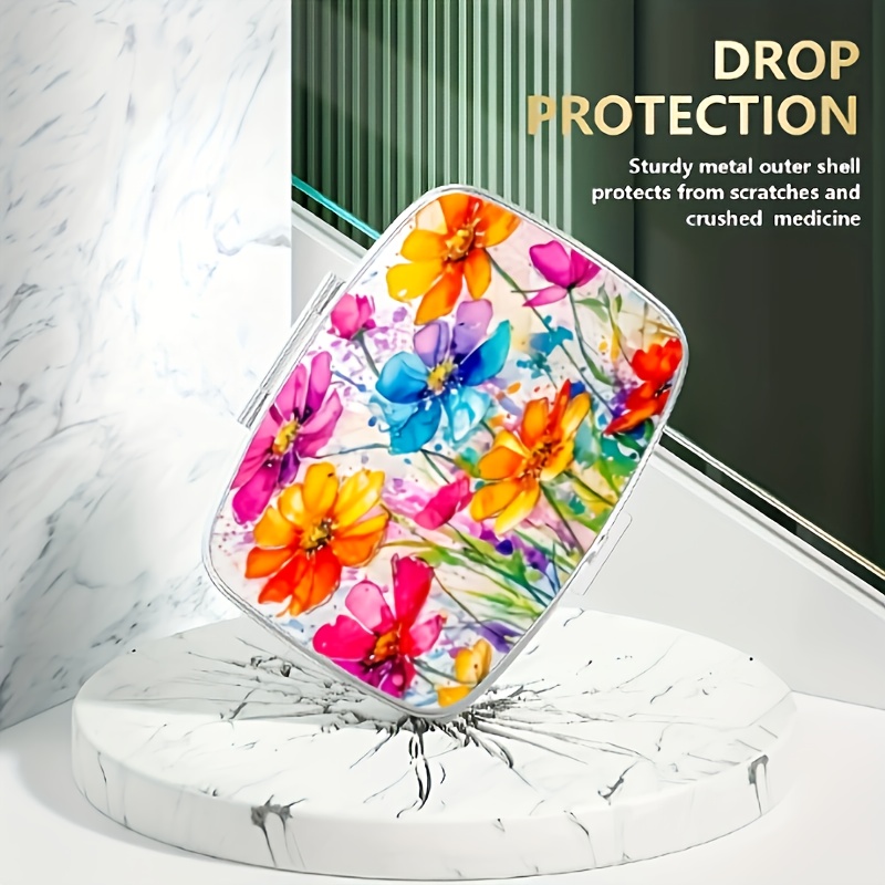 Image of A Portable Medicine And Vitamin Storage Box With 2 Compartments And Colorful Floral Patterns Printed On It, Perfect For Carrying In A Wallet Or Pocket. Colors Are Suitable As Small Items And Gifts