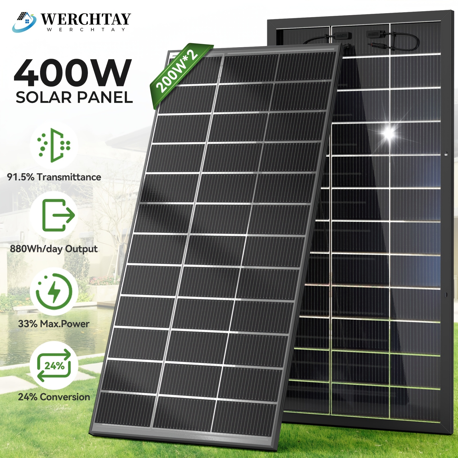 TEMU Werchtay Bifacial Monocrystalline Solar Panel, 24% High Efficiency 2pcs 200w Bifacial Solar Panel System, Advanced Half-cut Technology Cells,