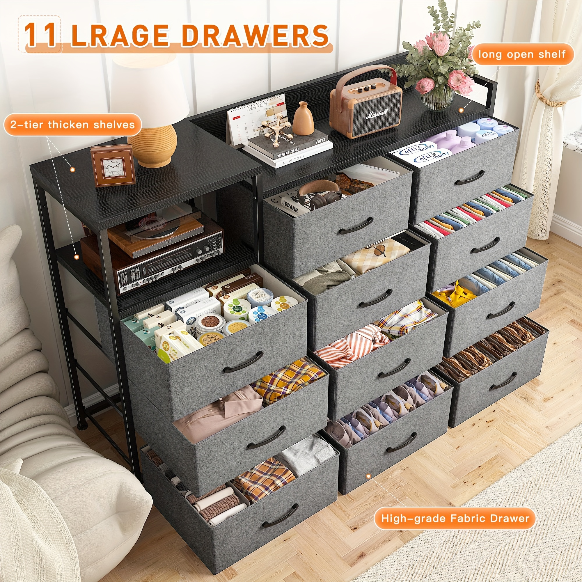 Dresser, Dresser for Bedroom with 11 Drawers, Long Dresser TV Stand with Shelves, Wide Dressers & Chests of Drawers, Large Dresser for Bedroom Dresser with Sturdy Metal Frame & Wood Top, Grey