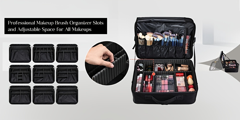 Makeup Case Professional Train Case Large Makeup Bag, Travel Cosmetic Organizer Brush Holder Makeup Artist Storage Box, for Cosmetics Makeup Brushes Toiletry Jewelry Digital Accessories, 15.8 Inches, with Adjustable Dividers and Shoulder Strap 10 Makeup Case, Professional Train Case Large Makeup Bag, Travel Cosmetic Organizer Brush Holder Makeup Artist Storage Box, for Cosmetics Makeup Brushes Toiletry Jewelry Digital Accessories, 15.8 Inches, with Adjustable Dividers and Shoulder Strap