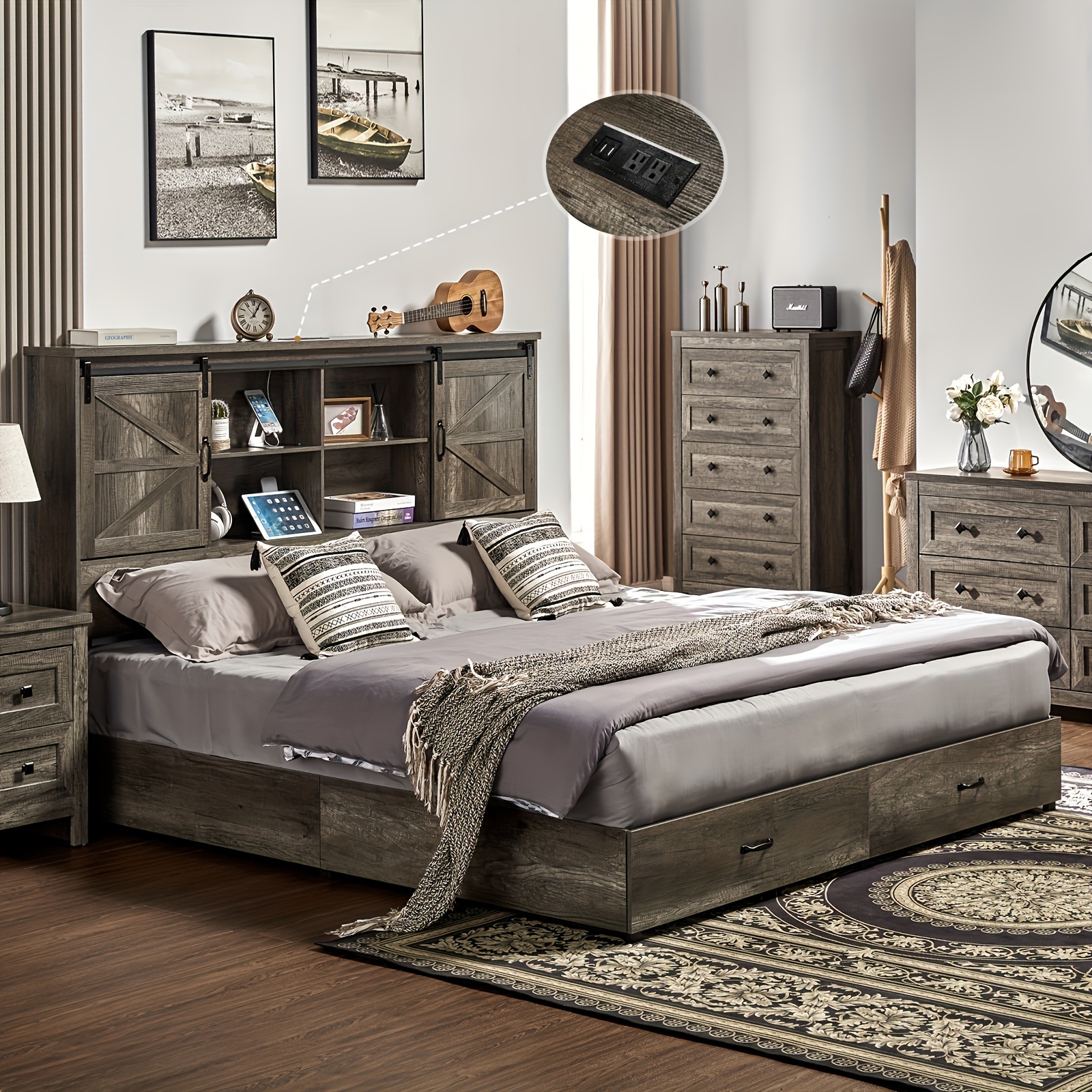 full size bed frame wood platform bed frame storage Temu