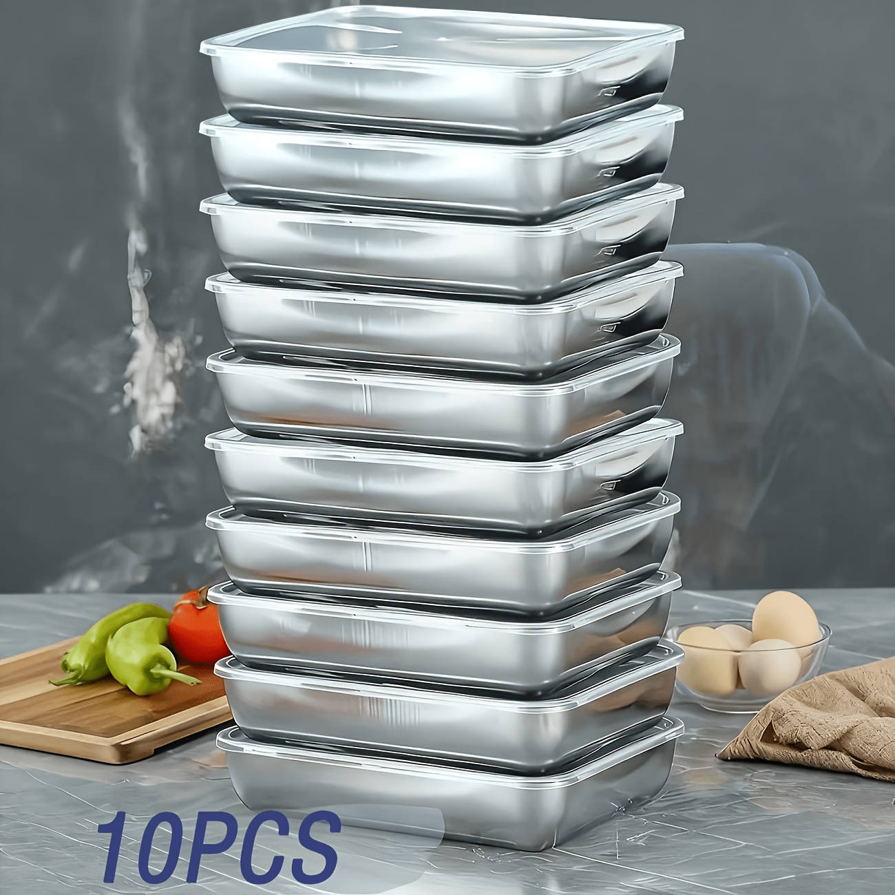 Image of 5/10pcs Stainless Steel Food Storage Set With Clear Lids | Large Square Containers For Meat, - Perfect For Camping, Outdoor & For Home Use, Stackable Kitchen Organizer