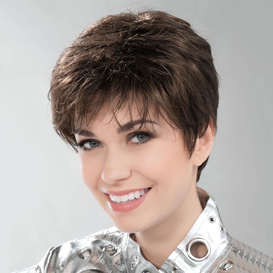 Image of Brown Cut Wig With Bangs 6 Inch Short Layered Hair Wigs For Ladies Straight Brazilian Human Hair Wig Glueless 4# Party Wig Daily Wear