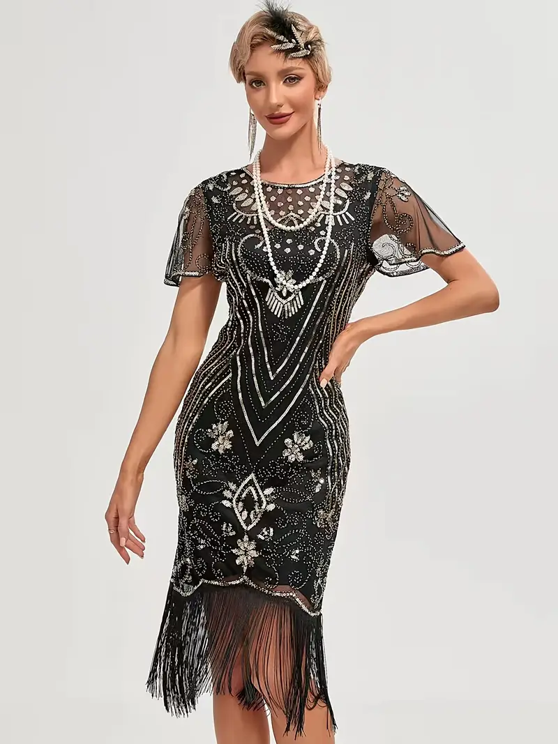 1920s Vintage Sequin * Flapper Dress - Elegant High Neck Short Sleeve Party Dress with Beaded Embroidery & Fringe Hem, Stretchy Polyester for Weddings * & Themed Events 1920s Vintage Sequin * Flapper Dress - Elegant High Neck Short Sleeve Party Dress with Beaded Embroidery & Fringe Hem, Stretchy Polyester for Weddings * & Themed Events