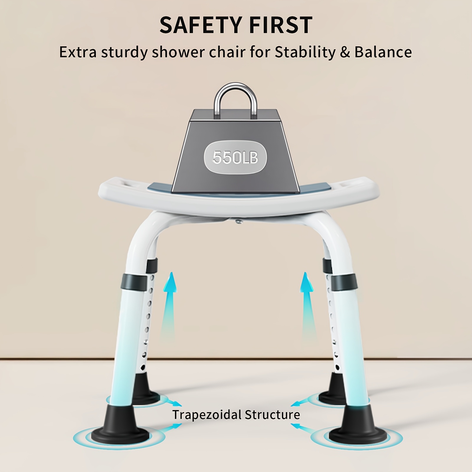 Adjustable Shower Chair with EVA Cushion, 6-Level Height Settings, Anti-Slip Foot Pads, 158.76KG Weight Capacity – Sturdy Trapezoidal Design, Elegant White – Ideal for Seniors, Pregnant Women, and Individuals with Disabilities, Shower Chair for Inside Shower, Senior Bathroom Safety, Sleek Bathroom Furniture, Slipresistant Design