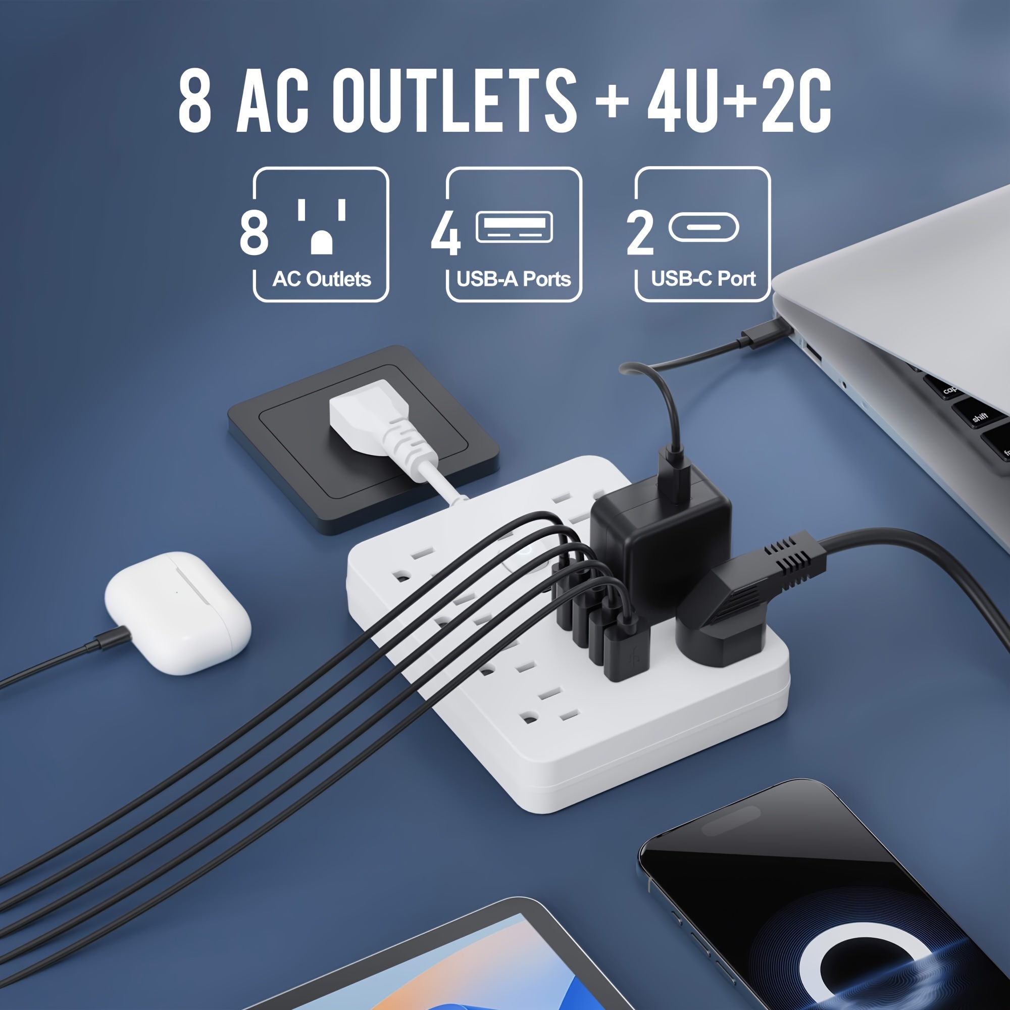 1 pc multi functional power strip with switch and protection equipped with 8 power outlets 4 usb and 2 type c 14 in 1 power outlet for office home and travel in black and white details 6