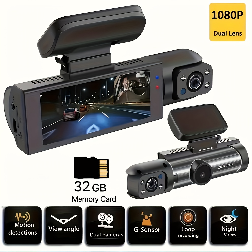 caméra de   de bord double   1080p+720p pour véhicules avec vision   infrarouge, enregistrement   et     - inclut un écran ips de 3,16 pouces, avec une carte   de 32 go en option