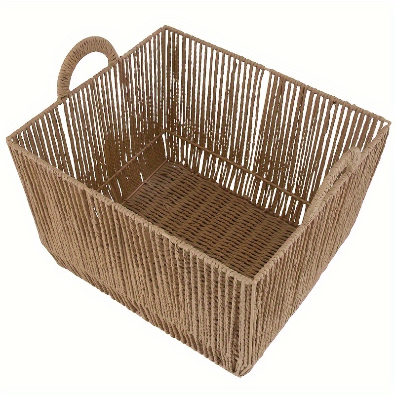 

Handwoven Paper Rope Storage Basket - 12" X 10" X 8" - Vertical Weave Design With Round Handles - Versatile Storage For Living Room, Bedroom, Workspace And More