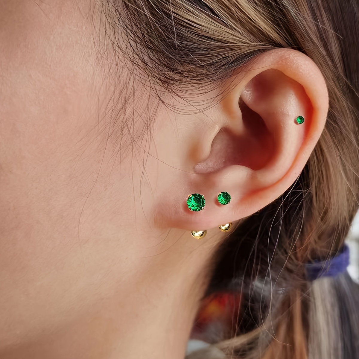 Classic Style Stainless Steel Green CZ Twist Ball Stud Earrings