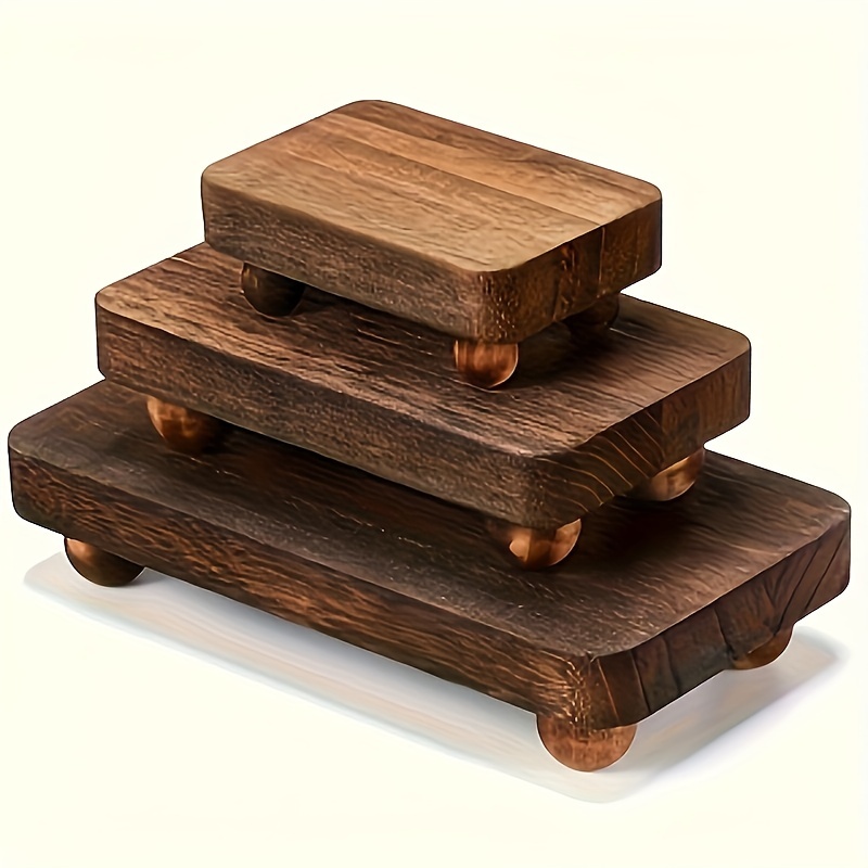 

3pcs Set Of Rustic Wooden Risers - Stackable Display Pedestals For Home Decor, Farmhouse Style In 3 Sizes (brown), Wooden Stand Tray, Kitchen