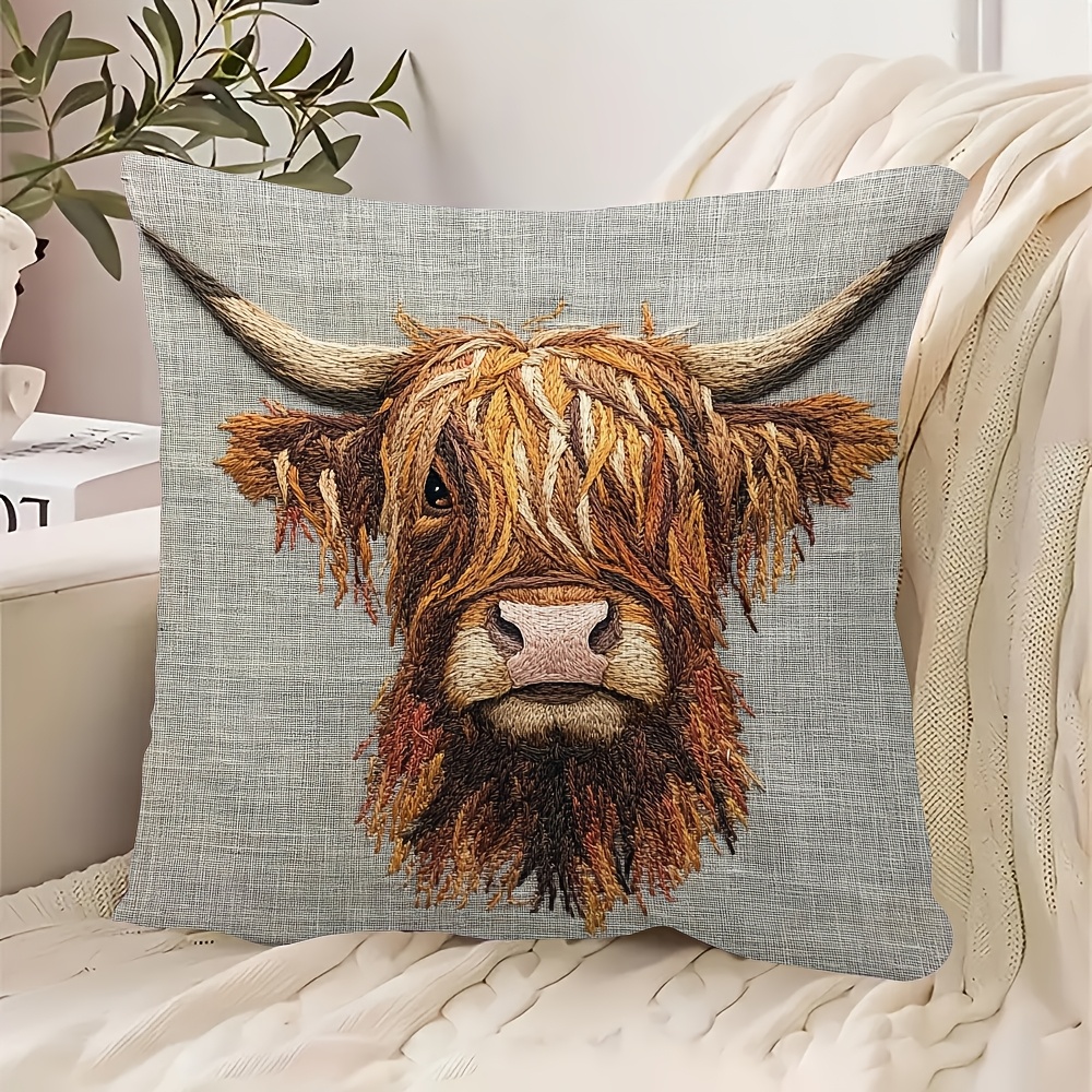 

1pc Vintage Highland Cow Throw Pillow Cover, 18x18 Inch, Hand Wash Only, Polyester, Woven, Decorative Cushion Case For Room Types, Dcad0671