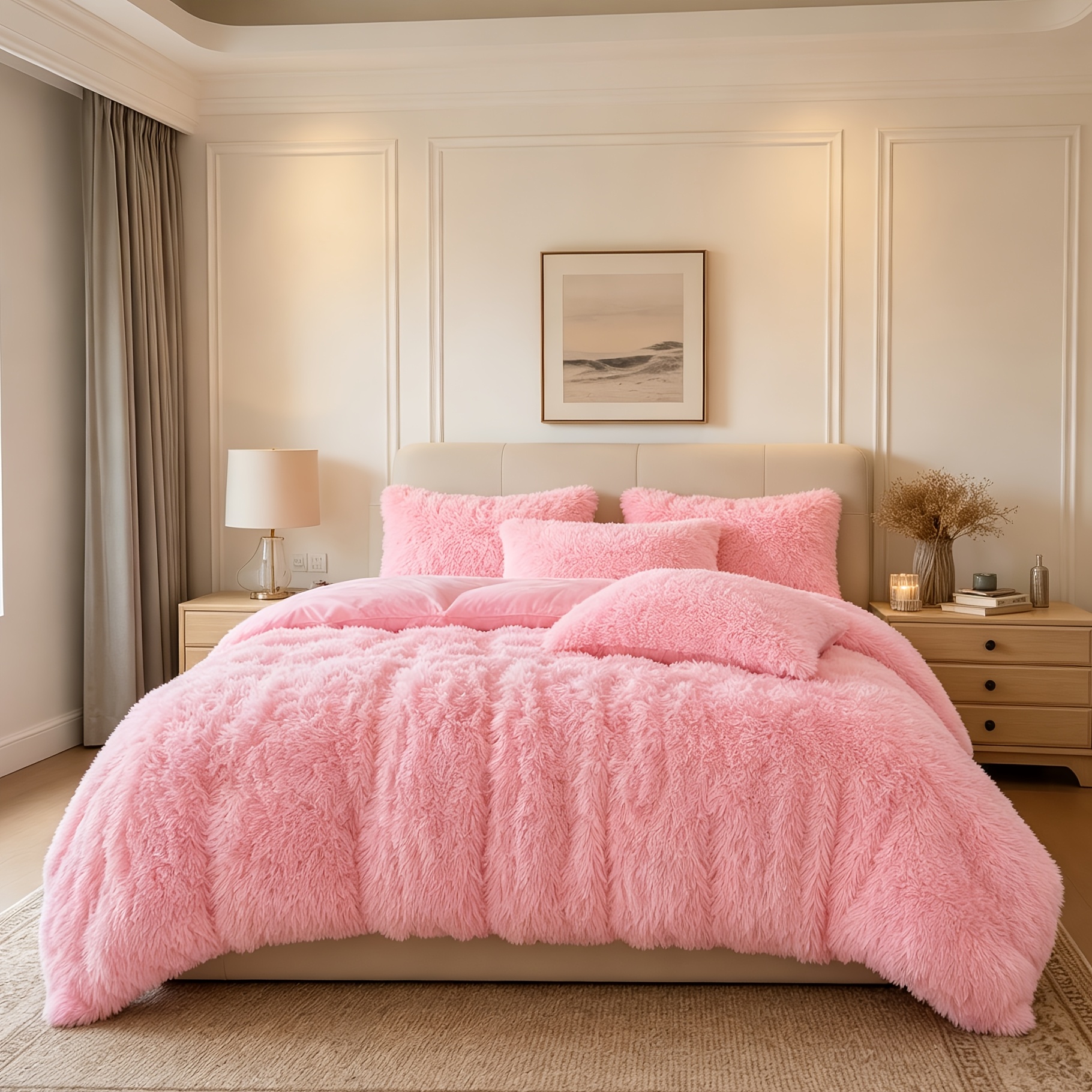 Image of 3pcs Simple And Luxurious Pink Long Plush Duvet Cover, Warm And Soft Close-fitting Bedding (does Not Duvet Or Pillow Inserts)